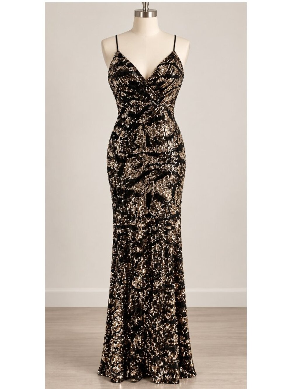 Fashion Nova Black Gold Sequin Strappy Maxi Gown L Formal
